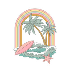 Obraz premium Surfer Rainbow Illustration with Palm Trees, Ocean Waves and Surfboard in Pastel Beach Aesthetic Style