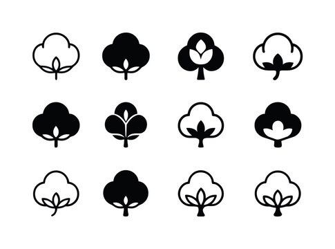 Natural Fibers Icons. Natural Fibers. Icon set. Set Logo of Natural Fibers: cotton boll. harmonious logo variations of the same emblematic concept, each with