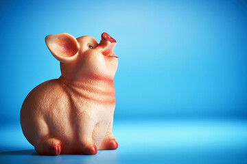 cute piggybank looking up against blue background