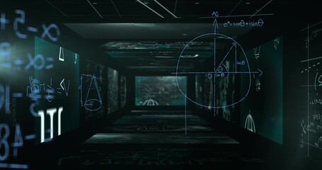Animation of light trails over mathematical equations on black background - Powered by Adobe
