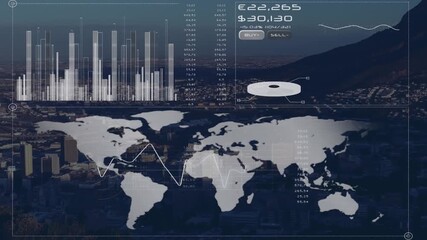 Animation of infographic interface over aerial view of cityscape with mountain and clear sky - Powered by Adobe