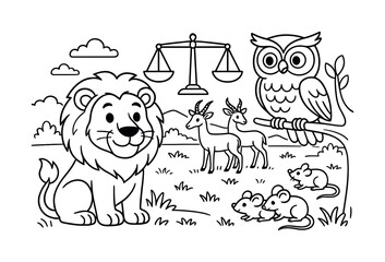 Nature's Balance Coloring Page. Predators keeping balance in nature children?s coloring book illustration, outlined drawing, friendly lion and owl watching