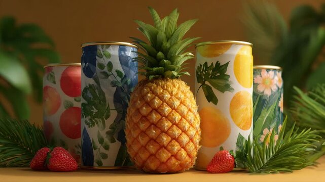 Vibrant fruit and floral patterned cans with pineapple and strawberries on yellow background