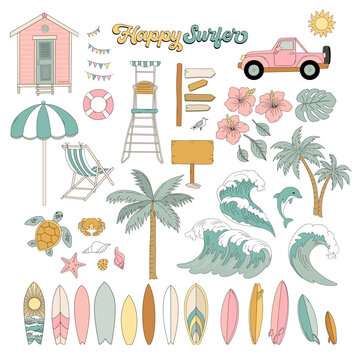 Surfer Aesthetic Summer Beach Elements Set with Palm Trees Waves Surfboards and Tropical Coastal Icons