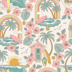 Surfer Aesthetic Seamless Pattern with Palm Trees Waves Surfboards Rainbows and Tropical Flowers © AngellozOlga