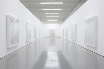 Obraz premium Empty white gallery presenting abstract artworks in a long spacious corridor