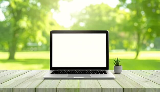 Laptop with Blank Screen on Wooden Table in Sunny Park with Green Trees and Blurred Background