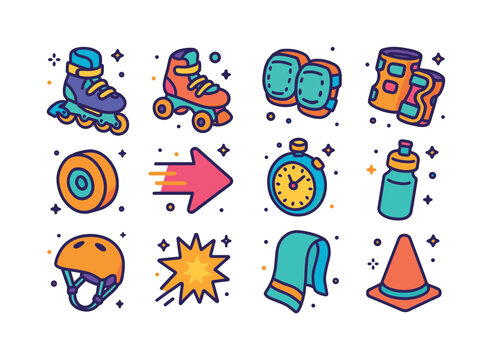 Colorful Roller Sports Icons. Roller sports. Colorful isometric vector icons set of roller sports: inline skates, quad skates, knee pads, wrist guards, slick