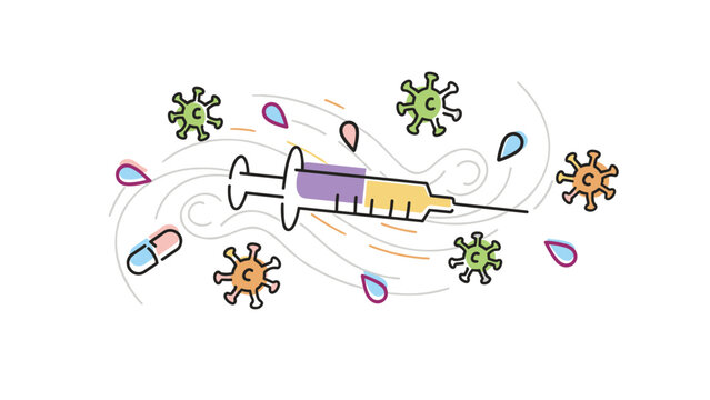 Medical Vaccination Doodle with Syringe Pills and Virus Cells Illustration - Powered by Adobe