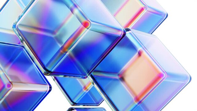 Abstract animation of iridescent glass cubes with light dispersion isolated on a white background. Seamless loop