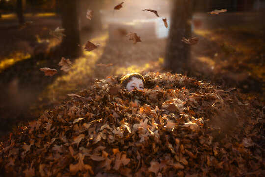 Child Hiding in Leaf Pile with Falling Leaves