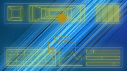 Animation of gamepad icon over shapes and lines on blue background - Powered by Adobe