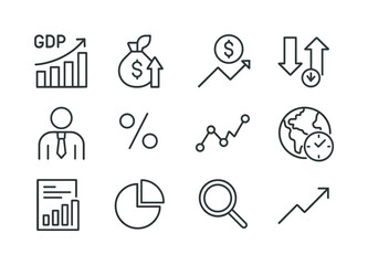 Global Economic Icons. Global economic indicators. Line icon set of Global economic indicators: GDP chart, inflation icon, currency graph, trade deficit