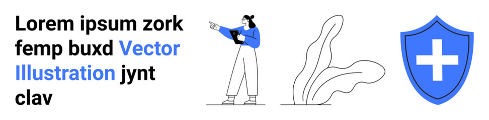 Fototapeta premium Woman holding tablet pointing sideways, blue shield with medical cross, abstract leaves, and text. Ideal for technology, healthcare, safety, guidance, learning modern design simple landing page