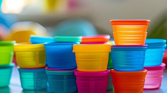 A set of stackable plastic cups in various sizes and colors providing a fun and tactile learning experience for toddlers