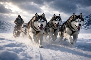Naklejka premium A powerful team of huskies pulling a wooden dog sledge across a frozen tundra, snow flying beneath their paws