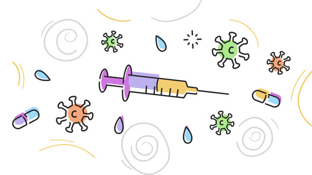 Vaccination Medical Illustration with Syringe Pills and Virus Cells Concept - Powered by Adobe