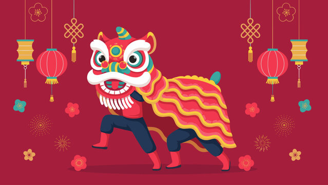 Traditional Chinese Lion Dance Illustration for Lunar New Year Festive