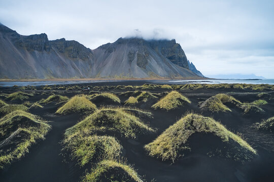 Grassy Mounds and Black Sand Beach at Vestrahorn