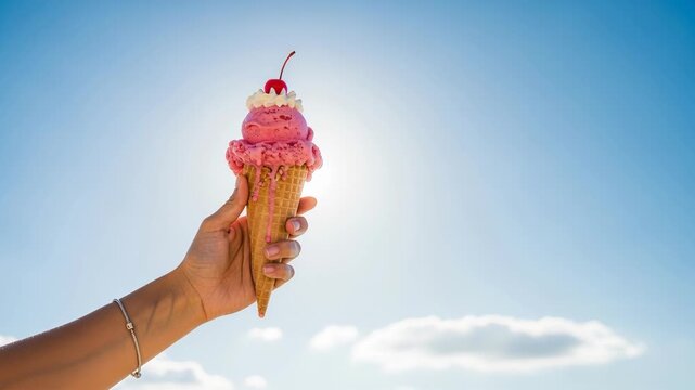 Hand holding strawberry ice cream cone against clear blue sky on a sunny day