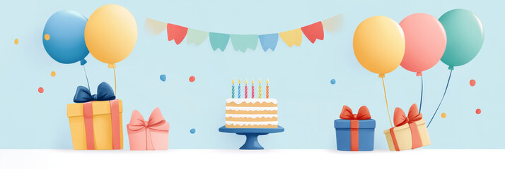 Colorful birthday party scene with balloons, gift boxes, confetti, and cake with candles creating joyful celebration atmosphere