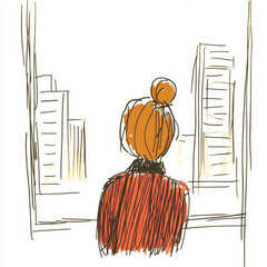 Woman with red hair in bun wearing red jacket looks out window at tall city buildings in simple sketch style