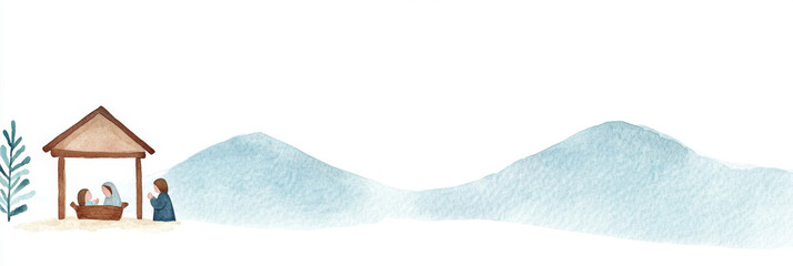 Watercolor painting of Nativity scene with Mary, Joseph, and baby Jesus in stable near hills, evoking peaceful and gentle emotions