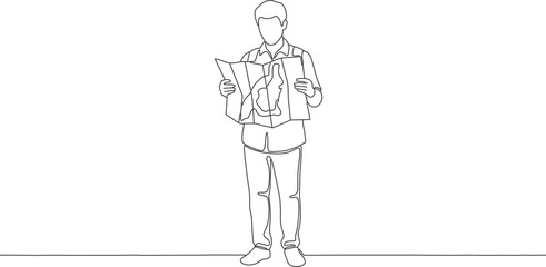 Fototapeta premium Continuous line drawing of a person studying a detailed map, symbolizing exploration, travel planning, and finding direction
