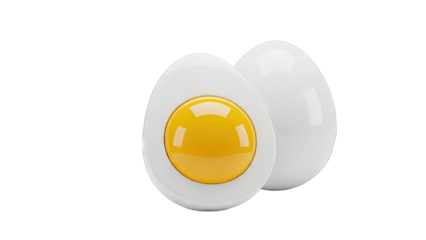 Two stylized eggs, one cut in half revealing a glossy yellow yolk