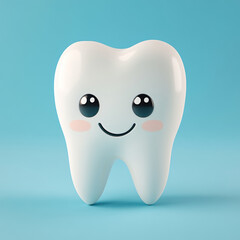 Smiling tooth with cute eyes and pink cheeks on blue background, happy dental concept with shiny white enamel and friendly expression