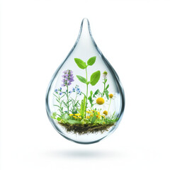 Green plant and colorful flowers growing inside transparent water drop symbolizing nature and environment protection concept