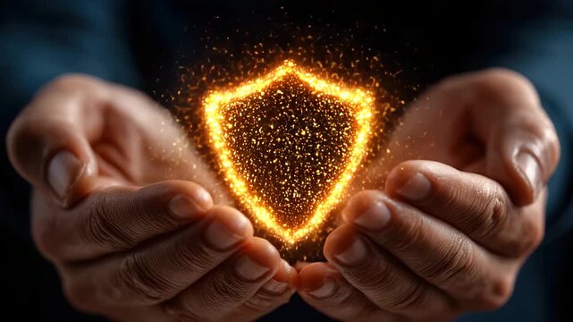 Hands shielding glowing shield symbol representing protection
