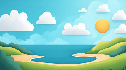 Sunny summer day with blue sky, white clouds, green hills, and calm sea creating peaceful coastal landscape with bright sunlight