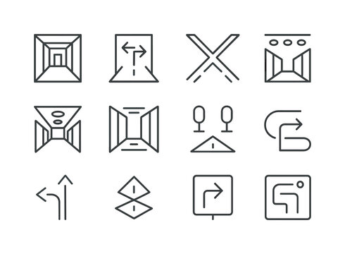 Mirrored Corridor Icons. Exploring mirrored corridors. Line icon set of Exploring mirrored corridors: long hallway, reflection arrows, cross path, hallway