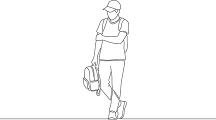 Obraz premium Line art illustration of a young man wearing a cap and carrying a backpack, standing casually with crossed legs