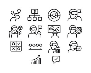Fototapeta premium VR Strategy Icons. VR enterprise strategy. Line icon set of VR enterprise strategy: strategic roadmap, business model icon, future trend radar, simulation