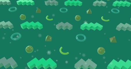 Animated geometric shapes spin on a dark purple backdrop with falling snowflakes.