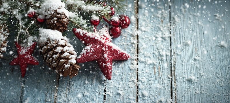 Christmas decoration with snow pine cones and red star ornaments on wood - Powered by Adobe
