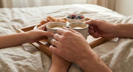 Couple enjoying breakfast in bed with coffee and pastries