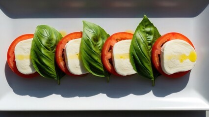 Cheese lover day food Elegant caprese salad with stacked slices of tomato, mozzarella, and basil leaves on white plate | Cheese, lover, day, food, festival.