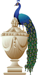 Elegant vector illustration of a royal Indian peacock perched on an ornate classical urn, featuring vibrant feathers, luxury detailing, and a clean white background.