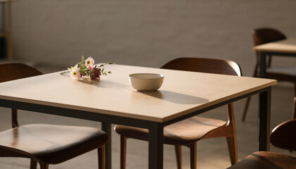 Empty dining table with a minimalist ceramic bowl and delicate flowers, bathed in natural sunlight creating soft shadows, evoking a sense of calm and modern interior design.