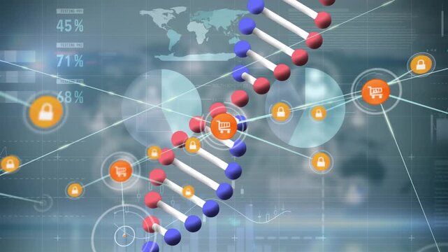 Animation of dna strand spinning over people dancing and music graphic equalizer