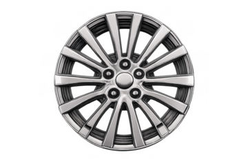 Silver alloy wheel, a modern car automotive part with multiple spokes, showing design and engineered quality