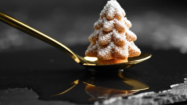 Christmas Tree Pastry: A festive Christmas tree pastry rests gracefully on a golden spoon, a dusting of powdered sugar adds a touch of snowy elegance. The pastry is set against a dark backdrop. 