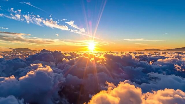 Stunning aerial view of the sun rising above the clouds, a beautiful sight.