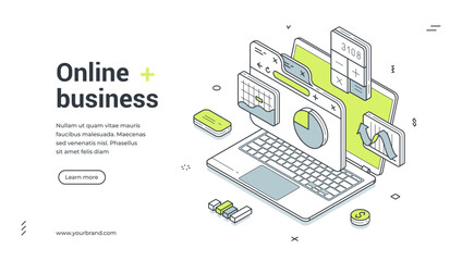 Online business analyzing strategy development isometric web banner design template vector illustration. Internet commercial retail financial productivity efficiency analysis laptop workflow