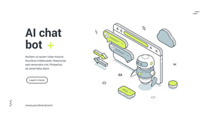 AI chatbot virtual assistant internet browser isometric web banner design template vector illustration. Artificial intelligence chat bot information robotic search answer question online help dialogue