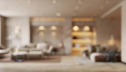 Blurred background of a luxurious modern living room with warm lighting, soft neutral colors, and elegant furniture, creating a cozy and inviting atmosphere for design concepts.