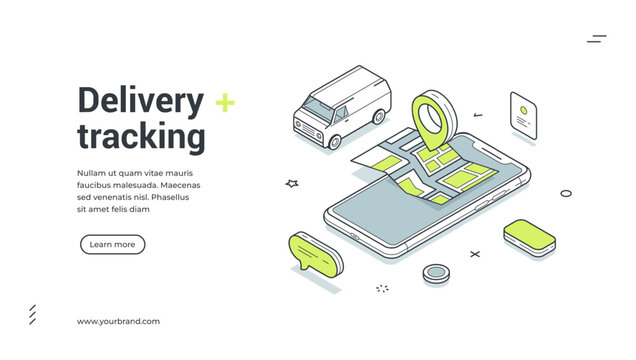 Delivery tracking courier GPS navigation mobile app isometric web banner design template vector illustration. Cargo online shopping postal logistic distribution map smartphone digital technology